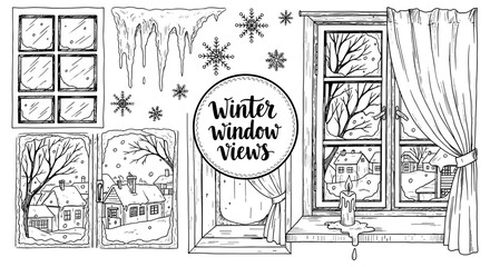 Fototapeta premium Cozy winter window views with snowy village and icicles in hand drawn style