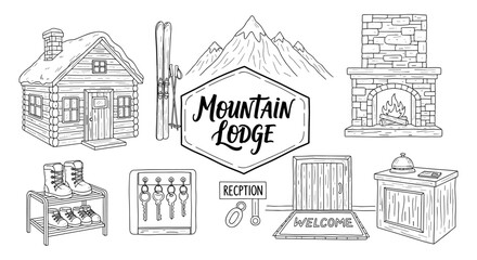 Fototapeta premium Rustic mountain lodge essentials: cozy cabin, gear, and welcome signs in vintage hand-drawn style