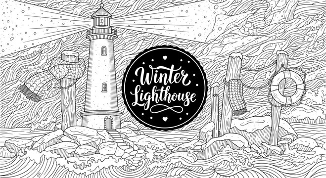 Intricate lighthouse in winter scene with waves and snowflakes in line art style
