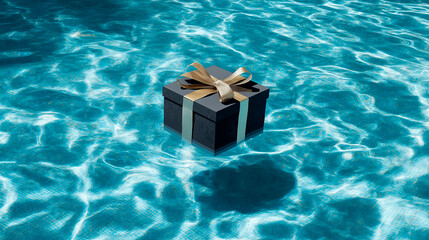 A gift box floating in a pool, Christmas holiday concept