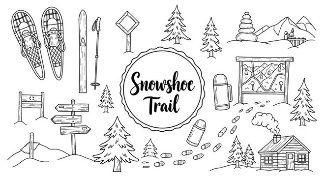 Winter adventure outline: snowshoe trail, ski gear, cozy cabin, and scenic landscapes