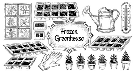Obraz premium Winter gardening tools and seeds sketch with frozen greenhouse