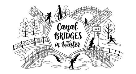 Fototapeta premium Winter canal bridges scene with people and snowy trees in black and white design