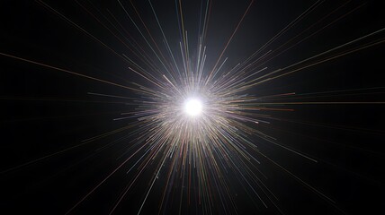 Abstract glowing light tunnel with particles moving towards a bright center in dark space