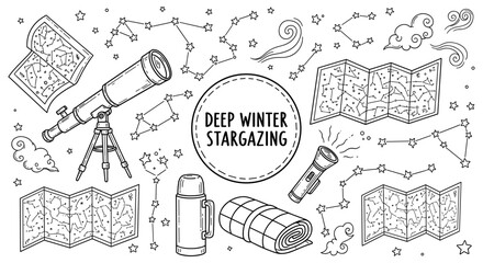 Winter stargazing essentials in black and white line art with telescopes and constellations