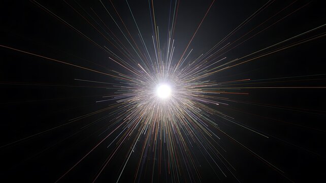 Abstract glowing light tunnel with particles moving towards a bright center in dark space - Powered by Adobe