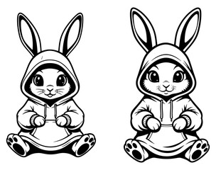 Two cute bunny characters wearing hoodies, perfect for childrens designs or easter themes