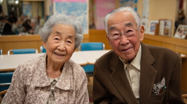 An elderly couple sits close together, smiling warmly in a well-lit community center, surrounded by cheerful decor. Their expressions show joy and companionship during a social gathering. - Powered by Adobe