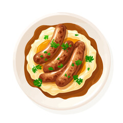 2D flat vector graphic of a Bangers And Mash in icon style, isolated on white background
