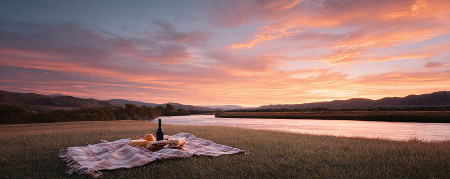 Fototapeta Romantic outdoor picnic scene at sunset by a calm river. Features a blanket, wine, cheese, and bread. Evokes tranquility and simple pleasures. Great for lifestyle ads.