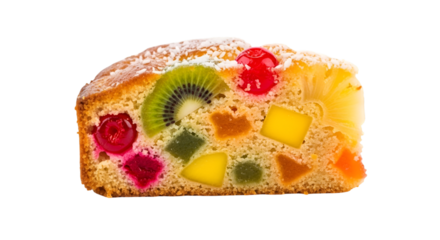 Slice of fruitcake with colorful candied fruits and kiwi isolated on transparent background