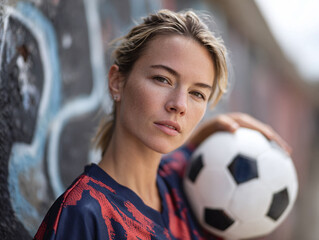 Intense portrait of a determined female athlete with a soccer ball against graffiti. Ideal for sports, empowerment, and urban lifestyle campaigns.