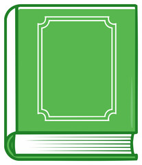 Closed green book with white decorative border and pages