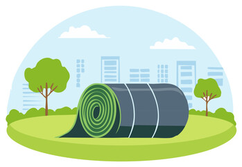 Cartoon landscape with rolled turf or artificial grass on a green field
