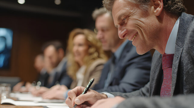 Business people wearing suits signing important documents during a corporate meeting. Win-win concept