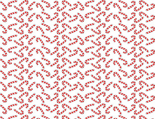A seamless pattern of red and white striped candy canes arranged randomly on a white background.