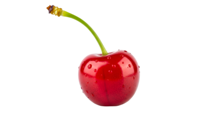 Single ripe red cherry with stem isolated on transparent background