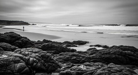 Dramatic black and white seascape with a lone figure. Contemplative journey and personal exploration concept. Textured coastal rocks and powerful ocean waves. Mindfulness and solitude