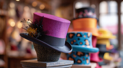 Elegant purple top hat with feather detail, evoking vintage style. Perfect for fashion, design, or conceptual projects, conveying sophistication. Shop display, accessory.