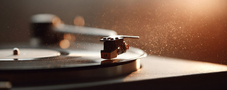 A closeup captures a vintage record player, needle poised above the vinyl. Warm lighting and floating dust create a nostalgic, timeless feel. Perfect for music, retro, or audio themes.