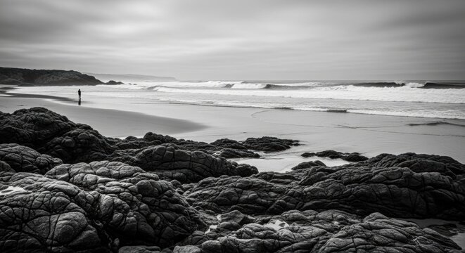 Dramatic black and white seascape with a lone figure. Contemplative journey and personal exploration concept. Textured coastal rocks and powerful ocean waves. Mindfulness and solitude - Powered by Adobe