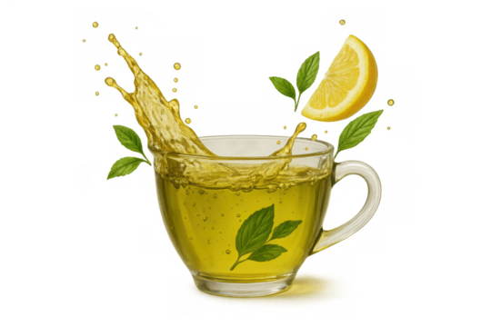 Refreshing green tea splash in a glass cup, natural herbal beverage with lemon and mint leaves, transparent background