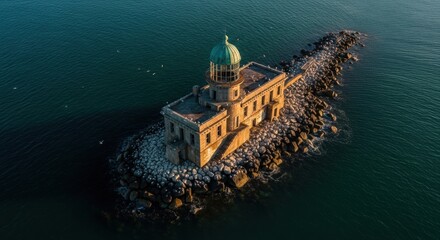 Historic lighthouse on a rocky breakwater at sunset. Aerial drone perspective of a coastal beacon. Maritime navigation and guidance symbol. Architectural landmark in the ocean