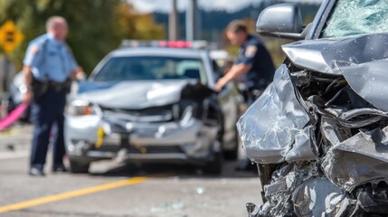 Two police officers investigate a serious car crash involving a damaged vehicle on a busy road under clear skies in a suburban neighborhood.
