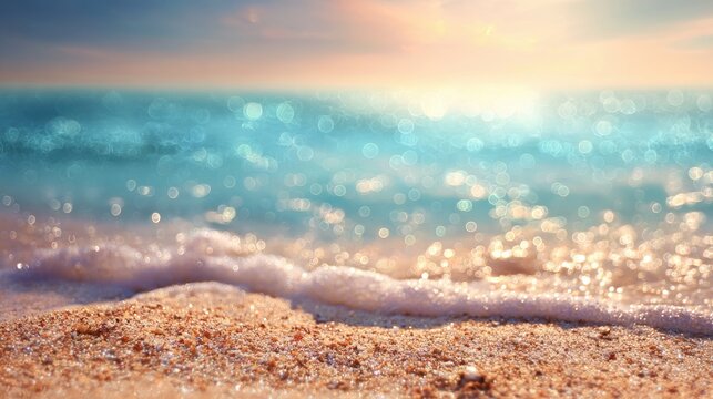 Waves roll softly onto a sandy beach as the sun sets in the distance, casting a warm glow over the water. This peaceful scene captures the beauty of nature's transition from day to night.