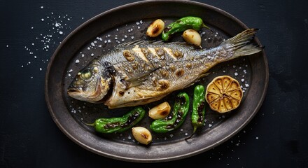 Overhead view of grilled dorado fish served on rustic plate with padron peppers garlic and sea salt a delicious and healthy gourmet meal