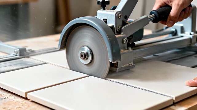 Cutting tiles with precision using a saw in a workshop setting