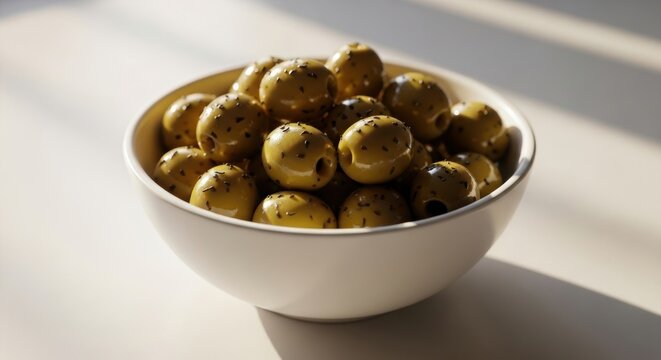 Pitted green olives with herbs in a white bowl. Healthy Mediterranean appetizer with natural light. Gourmet snack for a clean eating lifestyle. Fresh organic ingredients for cooking