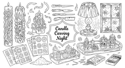 Intricate candle carving night with decorative tools and winter ambiance