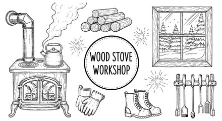 Cozy cabin essentials: rustic stove, winter scene, and tools in detailed sketch