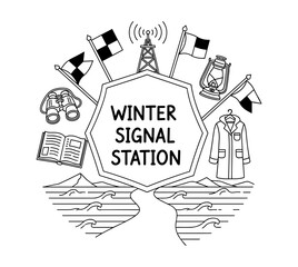 Fototapeta premium Winter signal station emblem with nautical and meteorological symbols