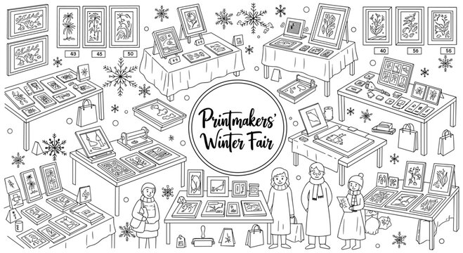 Printmakers' winter fair scene with art displays and snowflakes in line art style