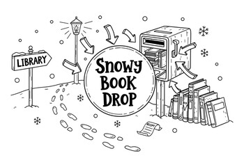 Obraz premium Snowy book return sketch with library sign, mailbox, and books in winter scene