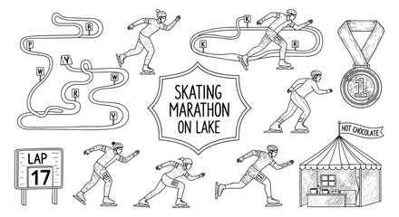Ice skating marathon: athlete challenges, tracks, medal, hot chocolate tent