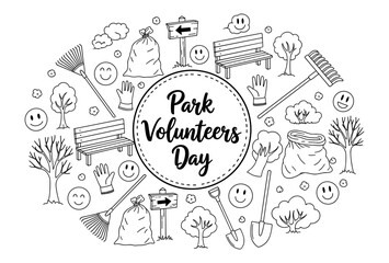 Park volunteers day in doodle style with eco-friendly themes and community activities