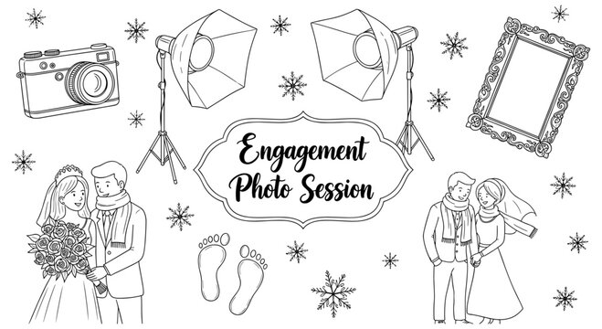 Romantic couple in love surrounded by photography elements for engagement theme