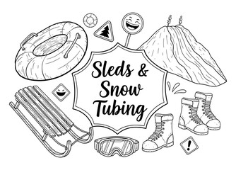 Winter fun: sledding and snow tubing adventures in black and white doodle style