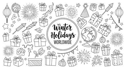 Festive winter celebration elements with global holiday cheer in outline style