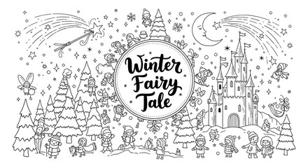 Naklejka premium Magical winter wonderland scene with fairy tale characters