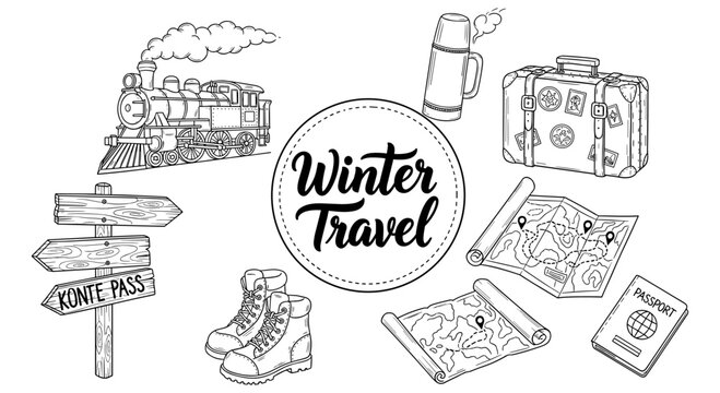 Winter travel icons: vintage adventure essentials for cold weather journeys