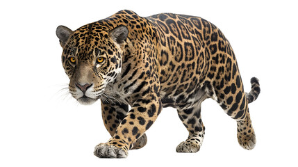 Obraz premium Majestic jaguar prowling with intense gaze, showcasing striking spotted fur and powerful stance, embodying wild beauty and untamed strength.