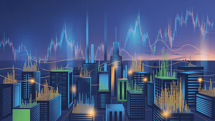Abstract cityscape with financial stock market charts and data visualization urban