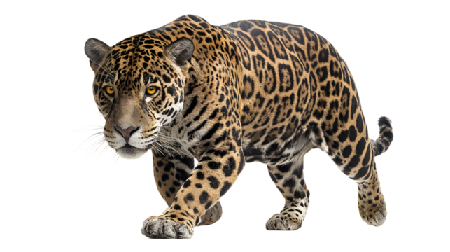 Majestic jaguar prowling with intense gaze, showcasing striking spotted fur and powerful stance, embodying wild beauty and untamed strength.