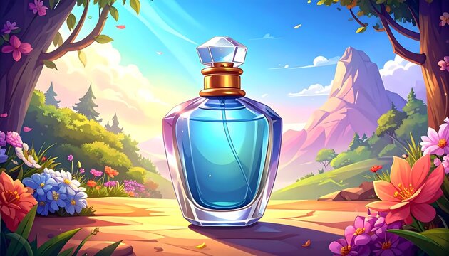 Cartoon perfume bottle surrounded by flowers and a sunny landscape