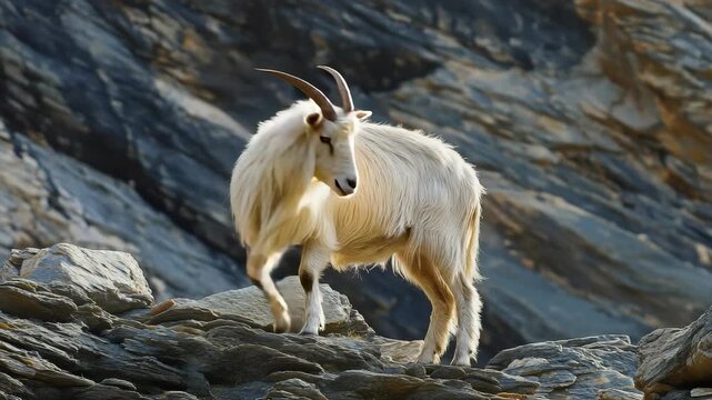 Majestic Mountain Goat Standing on Rocky Terrain, Portrait of Wildlife in Natural Habitat, Mountainous Landscape, Animal Photography