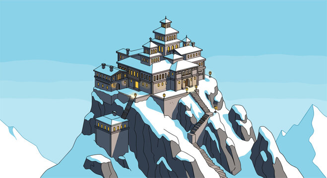 Ancient monastery on snowy mountain peak with clear blue sky in winter